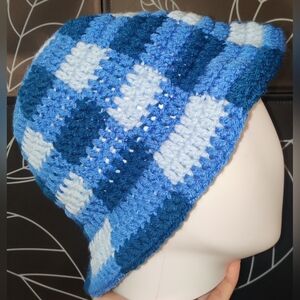 Blue Plaid Crochet Bucket Hat
